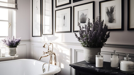 A classic black and white bathroom with framed vintage photographs on the walls and a bouquet of...