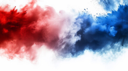 Fototapeta premium Labor day Red, White and Blue colored dust explosion background. Splash of American flag colors smoke dust on white background, Independence Day, Memorial Day patriotic abstract pattern