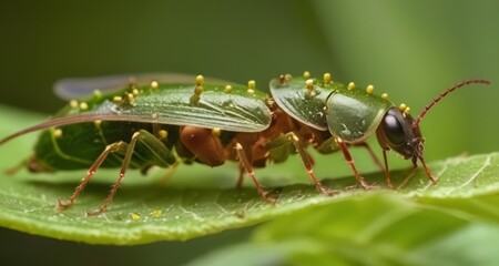 Fototapeta premium Nature's Artistry - A Close-Up of a Green and Brown Leaf Bug