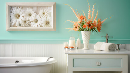 A coastal-themed bathroom with seashell art on the turquoise wall and a bouquet of beach daisies on...