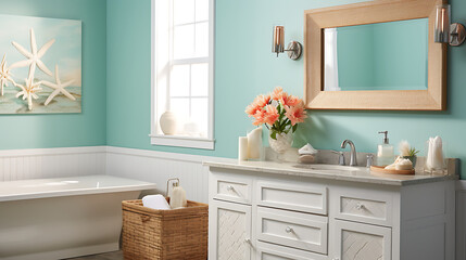 A coastal-themed bathroom with seashell art on the turquoise wall and a bouquet of beach daisies on the vanity.