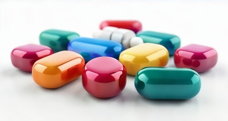  Colorful, glossy, plastic toy capsules on a white background