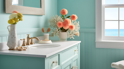 A coastal-themed bathroom with seashell art on the turquoise wall and a bouquet of beach daisies on...
