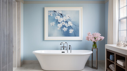 A contemporary bathroom with abstract watercolor prints on the light blue wall and a bouquet of blue hydrangeas on the bathtub.