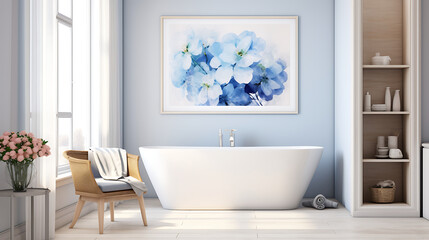 Fototapeta na wymiar A contemporary bathroom with abstract watercolor prints on the light blue wall and a bouquet of blue hydrangeas on the bathtub.