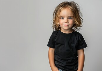A cute little boy with long hair in a black blank t shirt  with a big empty space for text or product, Generative AI.