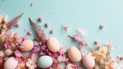 Naklejka na ściany i meble Top View of Happy Easter Day banner concept design of colorful eggs and plants on pastel background,