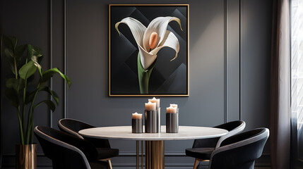A contemporary dining room with abstract canvas art on the charcoal wall and a bouquet of calla lilies on the table.