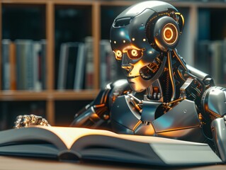 Machine Learning Concept: The Humanoid Robot Reading and Illuminating Minds in a High-Tech Library