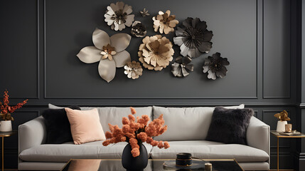 A contemporary living room with abstract metal sculptures on the gray wall and a bouquet of artfully arranged paper flowers.