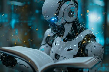 Fototapeta premium Machine Learning Concept: The Humanoid Robot Reading and Illuminating Minds in a High-Tech Library