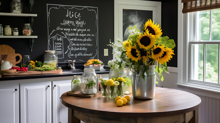 A farmhouse kitchen with a chalkboard wall displaying hand-drawn recipes and a bouquet of sunflowers in a mason jar. - obrazy, fototapety, plakaty