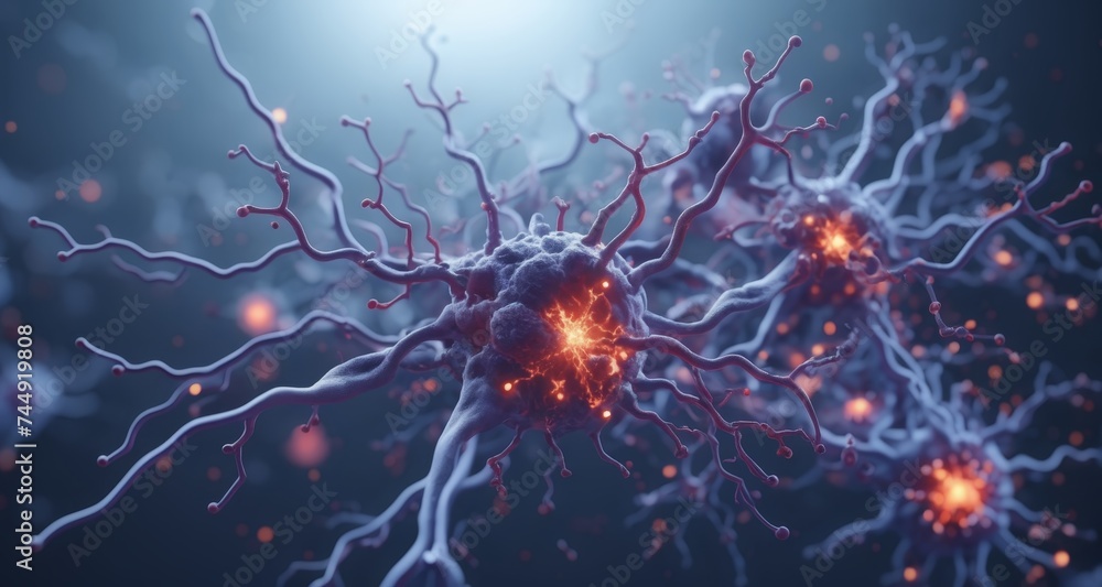 Poster neural network with glowing synapses, illustrating the complexity of the human brain