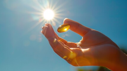 A girl holding a vitamin D tablet over a setting of a blue sky with natural daylight and space, Generative AI. - obrazy, fototapety, plakaty
