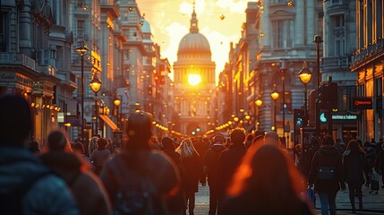 People in London street bokeh at sunset - obrazy, fototapety, plakaty