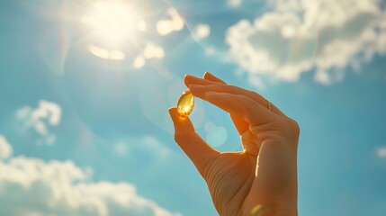A girl holding a vitamin D tablet over a setting of a blue sky with natural daylight and space, Generative AI. - obrazy, fototapety, plakaty