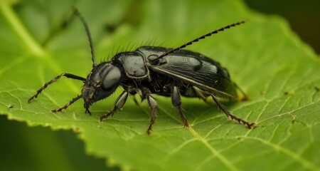 Fototapeta premium Close-up of a black beetle on a green leaf