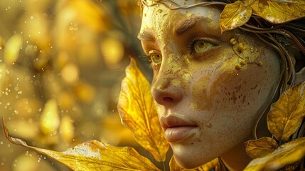 Elegant yellow elf, in a thoughtful pose, with a backdrop that accentuates its luminous complexion and graceful features, evoking wonder