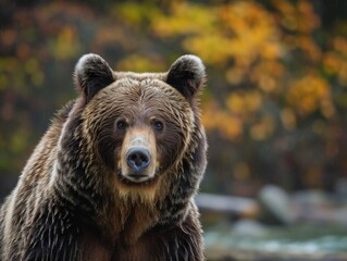 Regal portrait of a bear with a thoughtful gaze, set against a rustic, natural backdrop, showcasing its majestic presence