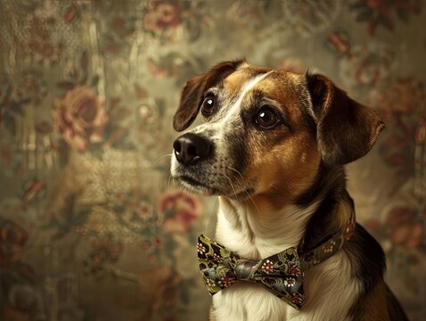 Elegant portrait of a dog adorned with a vintage bow tie, capturing its gentle gaze against a classic backdrop