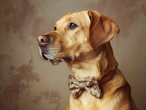 Elegant portrait of a dog adorned with a vintage bow tie, capturing its gentle gaze against a classic backdrop