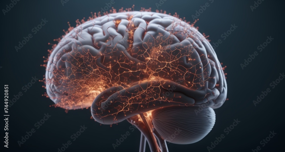Poster neural network in action - a 3d rendering of a human brain with highlighted neural pathways