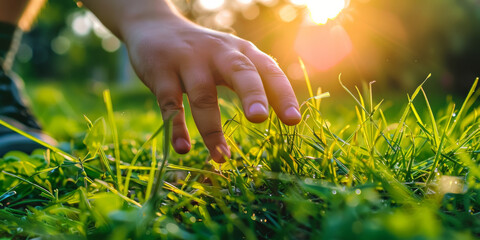 a close up shot of a person's hand, touching grass, generative AI