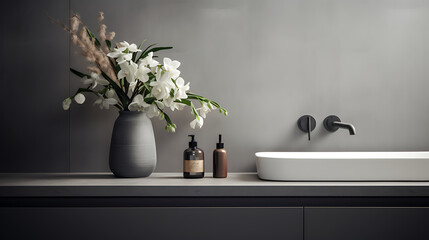 A minimalist bathroom with black and white photography on the gray tiles and a bouquet of eucalyptus on the vanity.