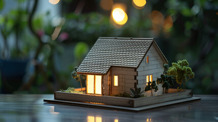 A meticulously crafted house model beside a growing pile of coins on a sleek, wooden surface ,3D holographic model of a cozy home displayed on a table at real estate office