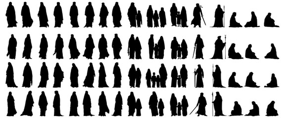 set of silhouette of arabic people. islamic muslim man woman kid family standing, sit on the ground, holding sword and sceptre. arab culture clothes. thobe, thawb kandura ghutra agal.