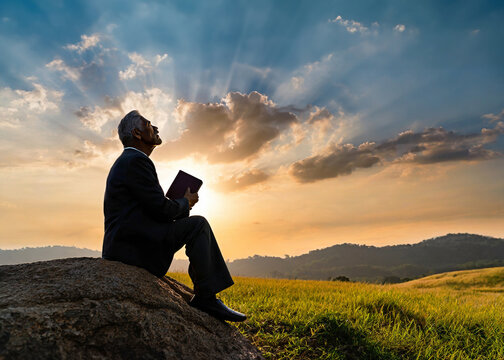 Old preacher silhouette holding closed Holy Bible looking up towards heaven in prayer