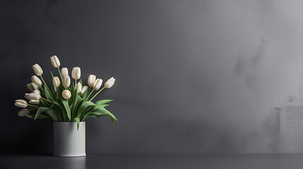A minimalist office space with a black and white cityscape on the charcoal wall and a small bouquet of tulips.