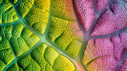 Obraz premium Microscopic marvel: unveils hidden world within a leaf, intricate veins and cells in vibrant color