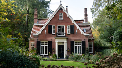 Fototapeta na wymiar Beautiful house made of brown stone with grey roof in a garden with trees and flowers ,victorian house surrounded by lush greenery and flowers in garden 