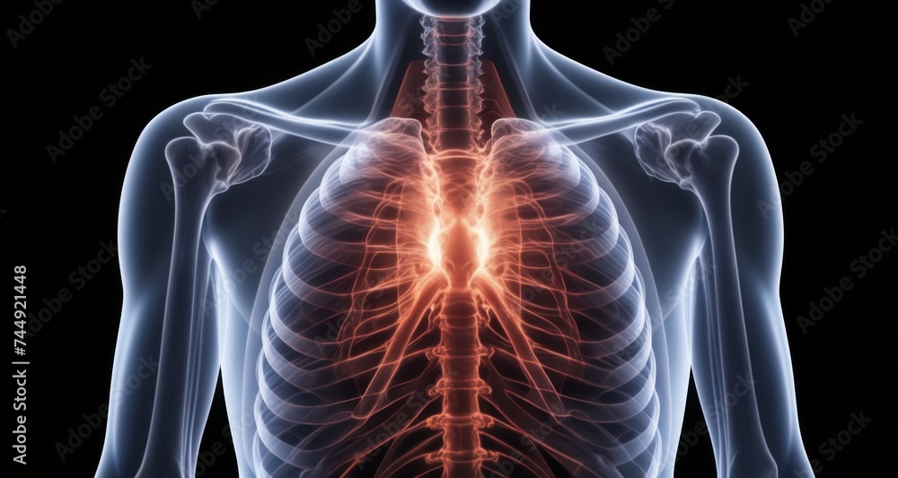 Poster human anatomy - a detailed 3d rendering of the human torso with internal organs and skeletal structu