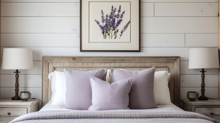 A modern farmhouse bedroom with shiplap walls showcasing rustic artwork and a bouquet of lavender...