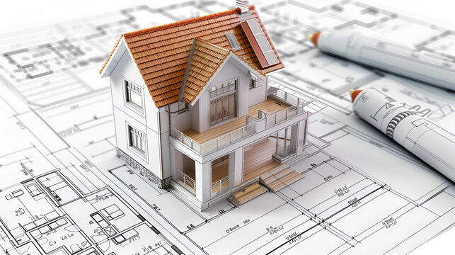 House model with blueprints on desk. Real estate development concept