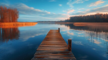 Tranquil Spring Time at a Secluded Lake With a Wooden Dock in the Serenity of Nature
