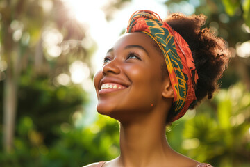 Laughing African American Woman Radiates Happiness in a Natural Outdoor Setting - obrazy, fototapety, plakaty