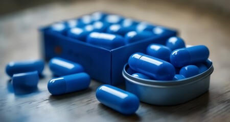  Blue capsules in a box and bowl, ready for packaging