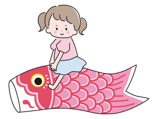 鯉のぼりと女の子のベクターイラスト。子供の日、端午の節句