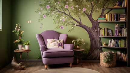 A nature-inspired reading nook with a tree mural on the green wall and a bouquet of lavender by the...