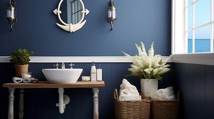 A nautical-themed bathroom with anchor decor on the navy wall and a bouquet of seashore grass on the vanity.