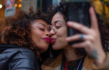 Happy African-American Lesbian Couple Taking a Selfie on a Summer Day