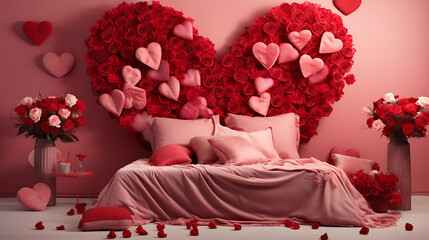 A romantic bedroom with a heart-shaped photo collage on the pink wall and a bouquet of red roses.