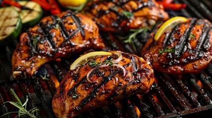 Grilled chicken wings with lemon and vegetables on grill.