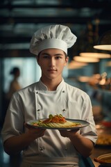 Professional young chef in a kitchen presenting a beautifully arranged gourmet dish.