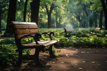 Empty wooden park bench bathed in the warm morning sunlight surrounded by greenery.
