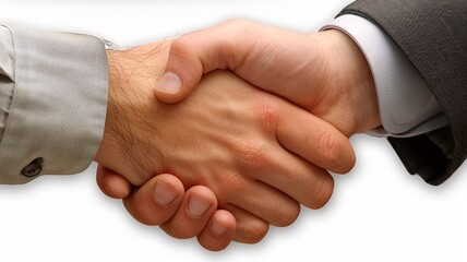 Two businessmen shake hands firmly, concluding an agreement or partnership.