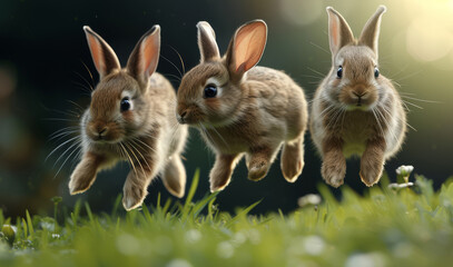 Trio of adorable rabbits caught mid-jump in a vibrant grass field, with sunlight casting a warm glow.